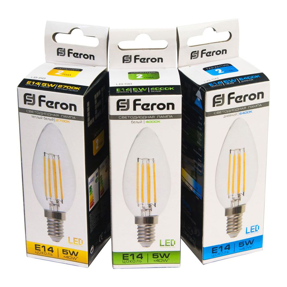 Лампа светодиодная LED 5вт Е14 теплый свеча FILAMENT FERON LB-58 25572