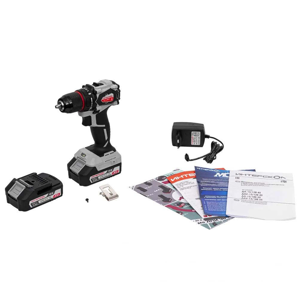 Аккумуляторная дрель-шуруповерт ИНТЕРСКОЛ ДА-13/18В 55, 18 В, 1850 об/мин, с 2 АКБ 2.5 Ач и ЗУ, в кейсе (952.2.2.70) Интерскол