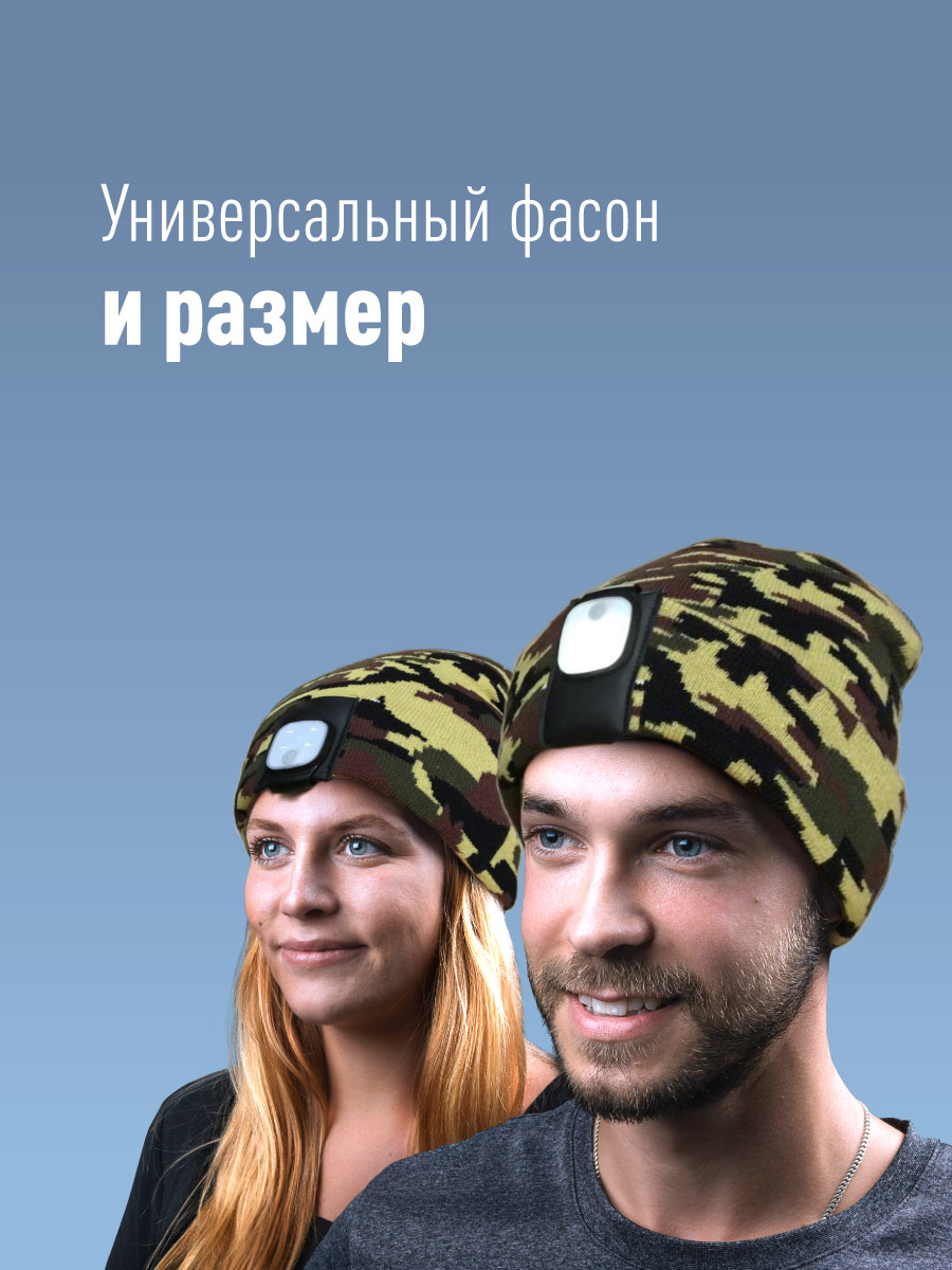 Шапка с фонарем, цвет камуфляж, фонарь-клипса съемный, красный и белый цвет свечения + SOS мигающий красный Космос KOCHat2_d KOCHat2_d*