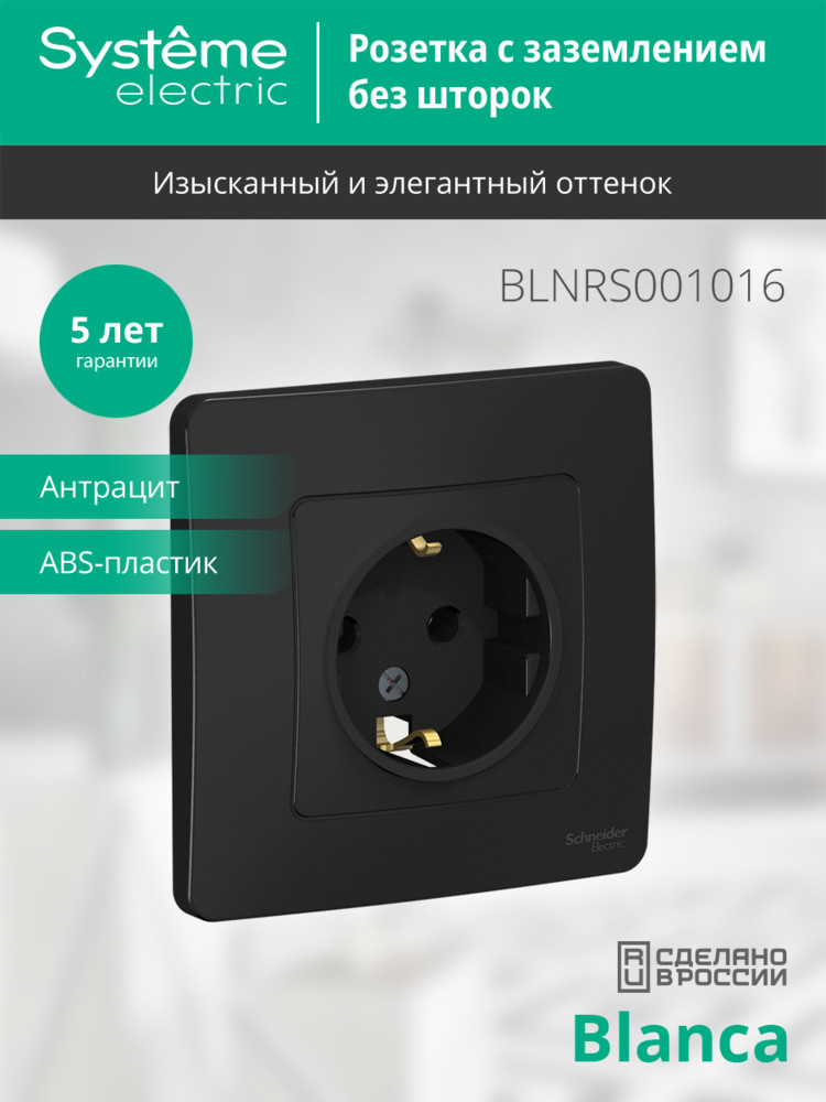 BLANCA скрытой установки розетка с заземлением без шторок, 16А, 250В, антрацит Systeme Electric BLNRS001016