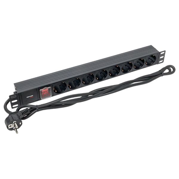 Блок розеток PDU TERACOM PRO 19'' 1U 16А/250В 8 розеток Schuko с выключателем шнур питания длиной 2 метра сечение 3x1.5 мм2 вилка Schuko корпус пластик черный EKF TRP-HPD-LSP-16A-8SH-2MSH