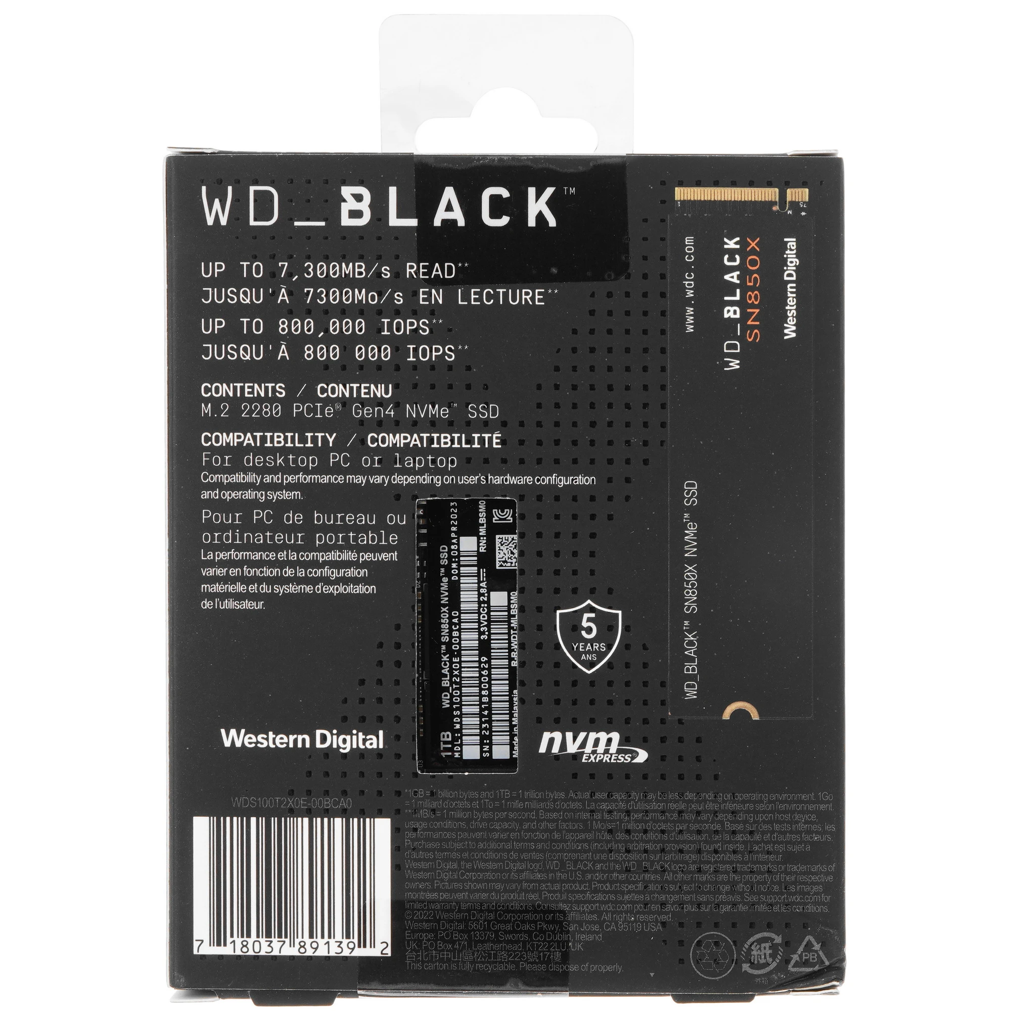 Накопитель SSD М.2 2280 1ТБ, WD Black SN850X, NVMe 2.0, 3D TLC NAND, 7300/6500 МБ/с Western Digital WDS100T2X0E 116058