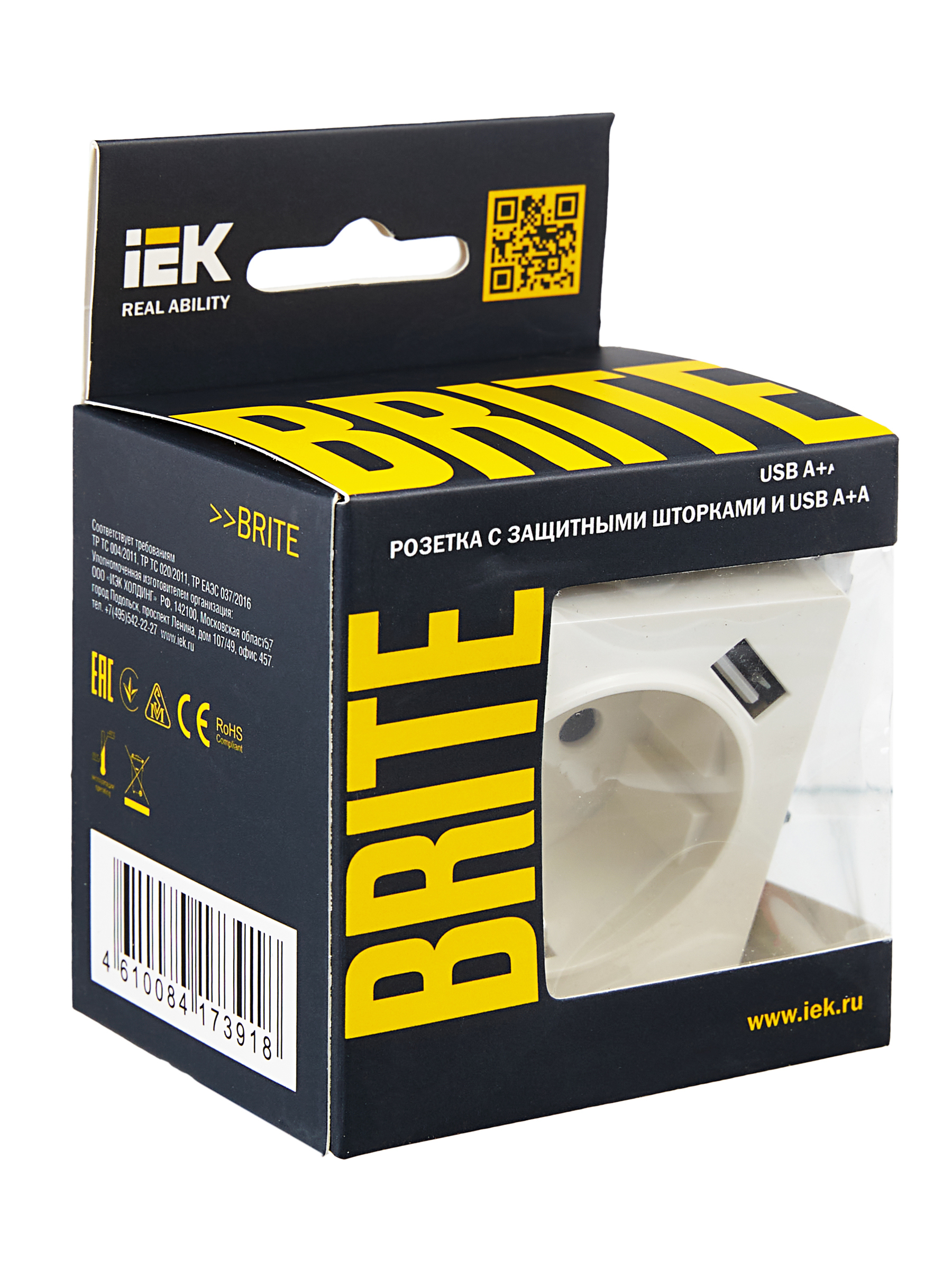 BRITE Розетка 1 пост с заземлением с защитными шторками 16А с USB A+A 5В 3,1А РЮш10-2-БрБ белый IEK BR-R14-16-U21-D31-K01
