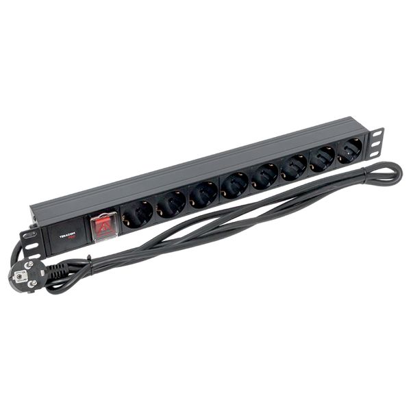 Блок розеток PDU TERACOM PRO 19'' 1U 16А/250В 8 розеток Schuko с выключателем шнур питания длиной 2 метра сечение 3x1.5 мм2 вилка Schuko корпус алюминий черный EKF TRP-HPD-LS-16A-8SH-2MSH