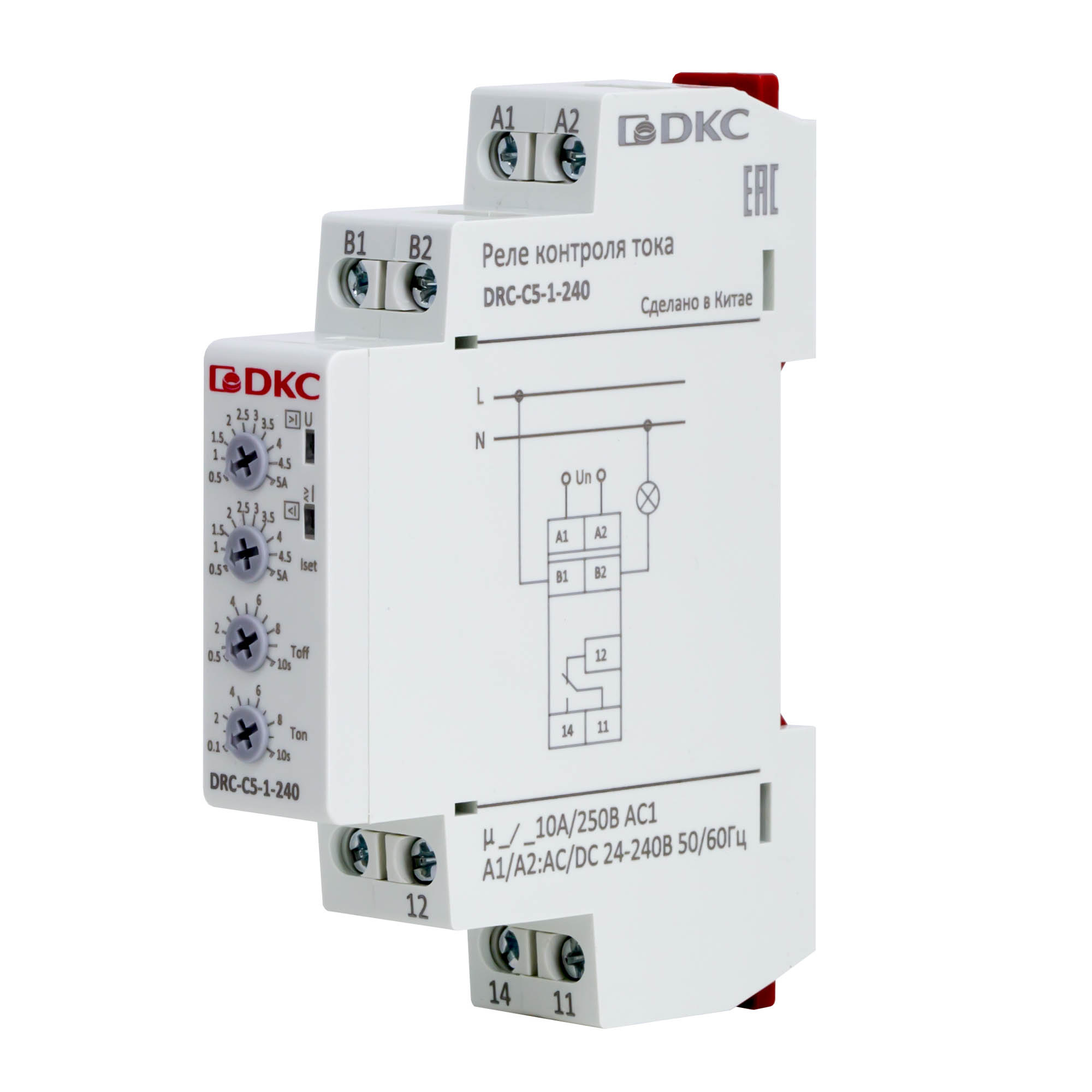 Реле контроля тока, 0.5-5А, конфигурация контакта 1CO, 24-240 AC/DC DKC DRC-C5-1-240