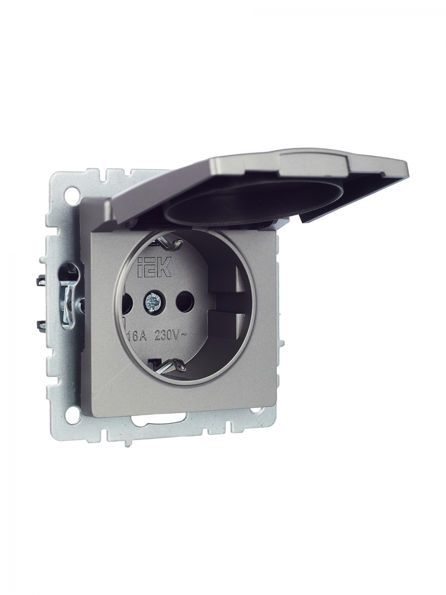 BRITE Розетка с заземлением с защитными шторками и крышкой 16А IP20 РСбш10-3-БрС сталь IEK BR-R16-16-K46