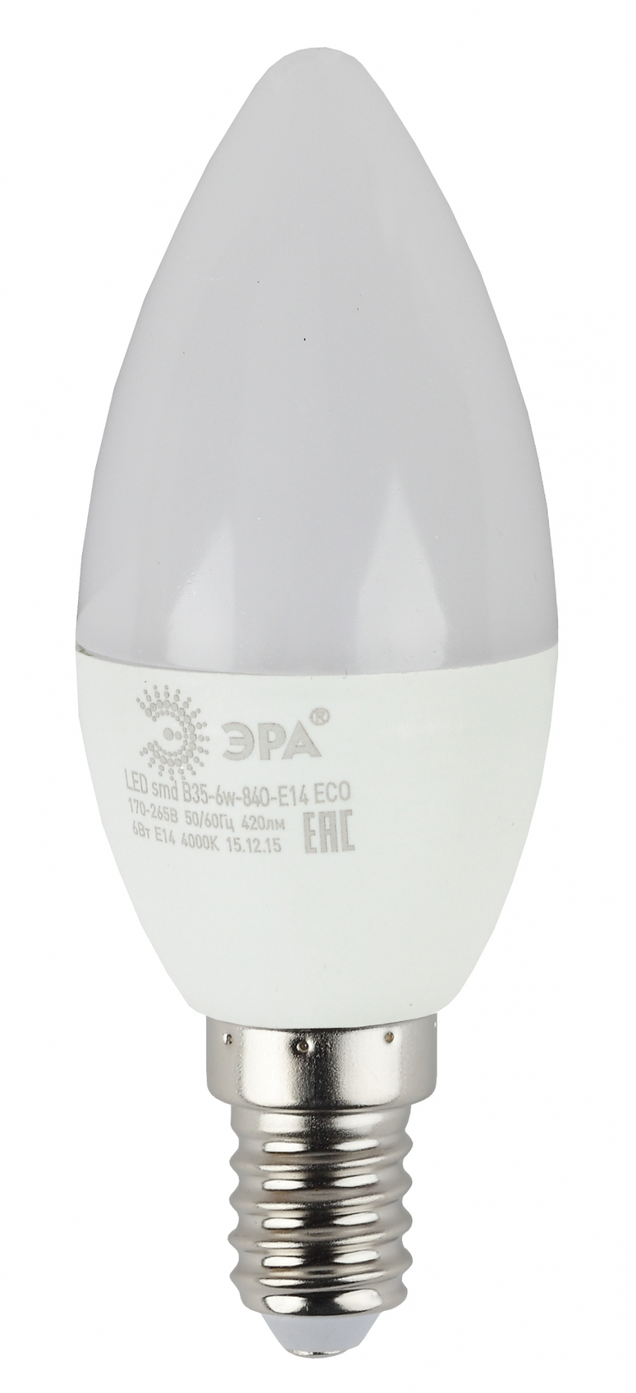 Лампа светодиодная ECO LED B35-6W-840-E14 (диод, свеча, 6Вт, нейтр, E14 (10/100/3500) ЭРА Б0020619