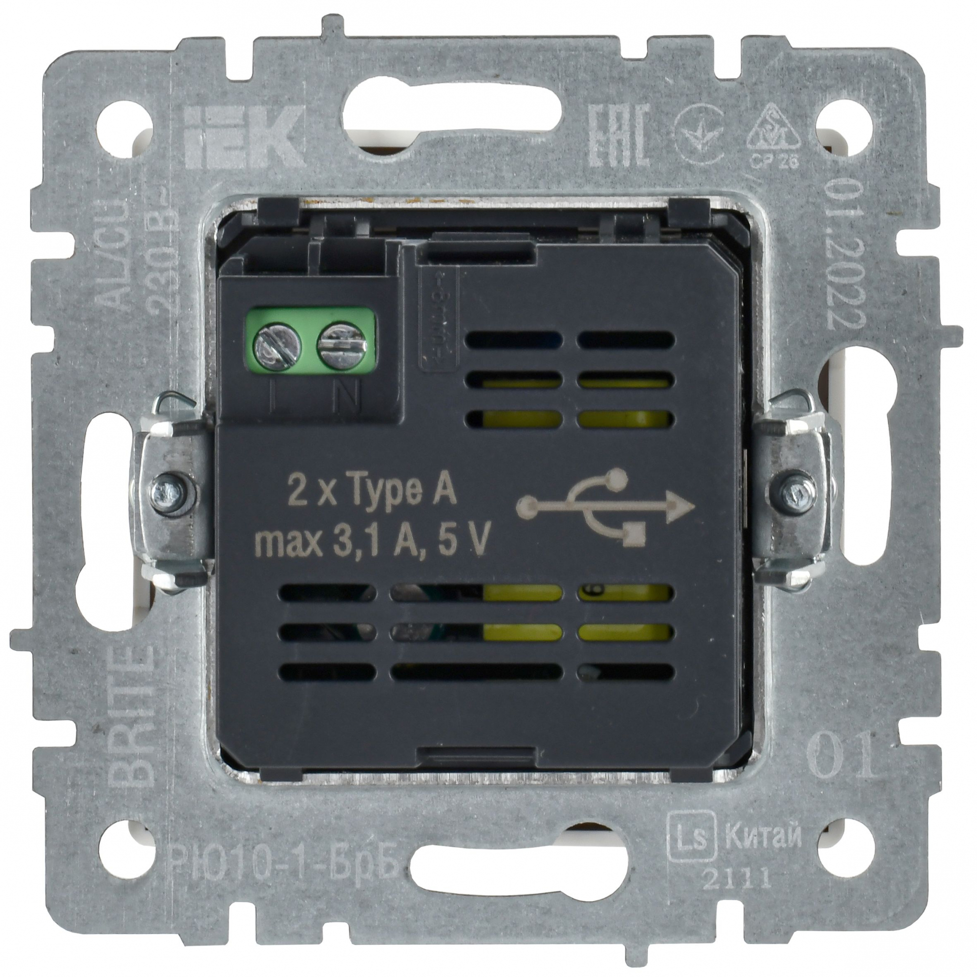 BRITE Розетка USB A+A 5В 3,1А РЮ10-1-БрБ белый IEK BR-U21-D31-K01