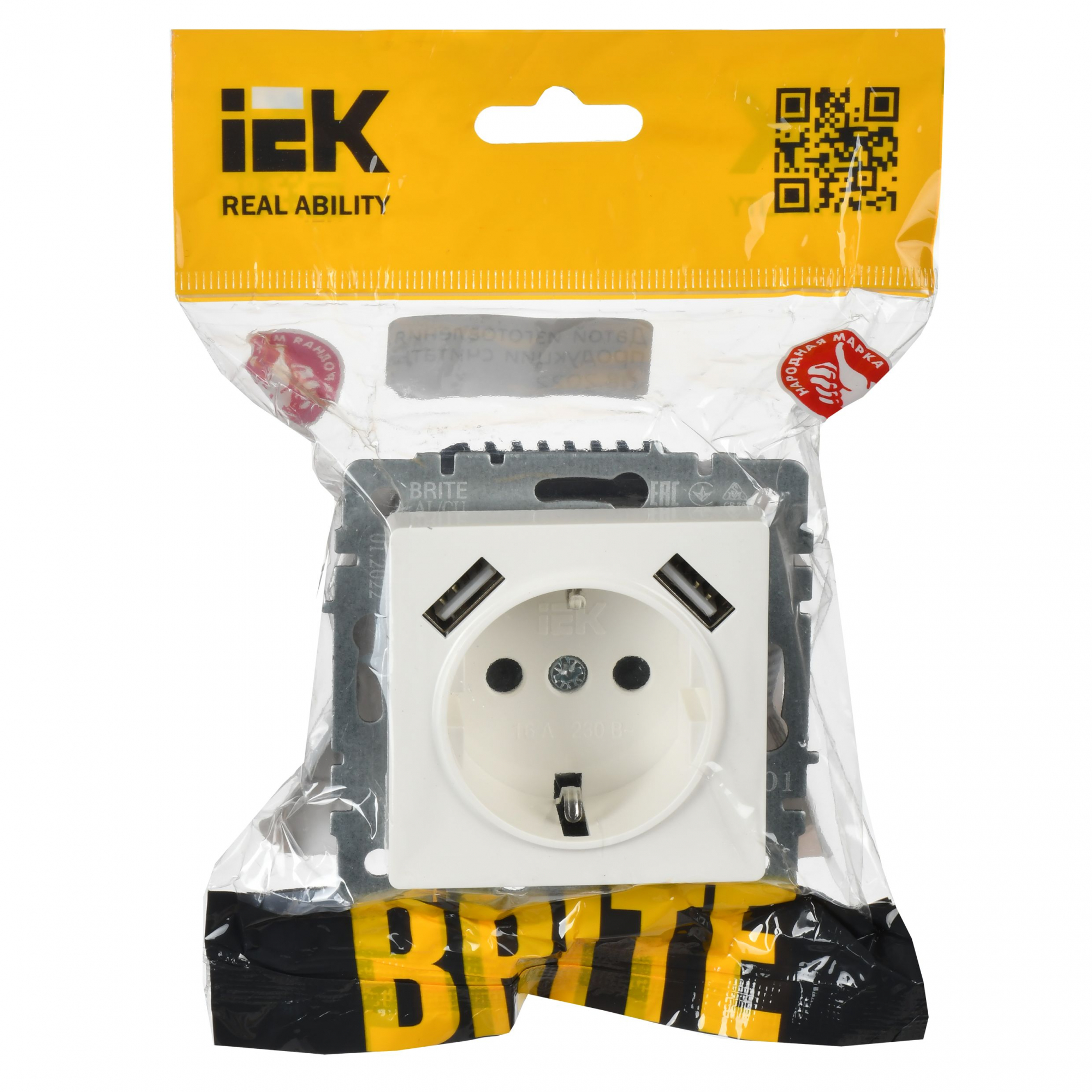 BRITE Розетка с заземлением с защитными шторками 16А с USB A+A 2,1А РЮш10-1-БрБ белый IEK BR-R14-16-U21-D21-K01