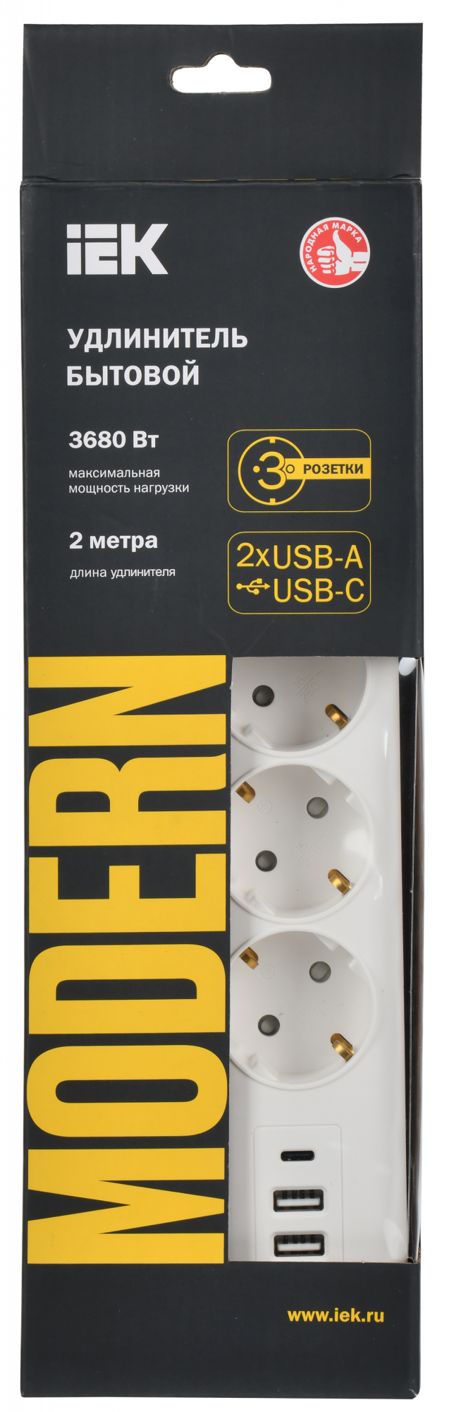 MODERN Удлинитель У03В 3 розетки с заземляющим контактом + USBх3 2м 3х1мм2 16А/250В белый IEK WYP12-16-03-02-ZKU-K01