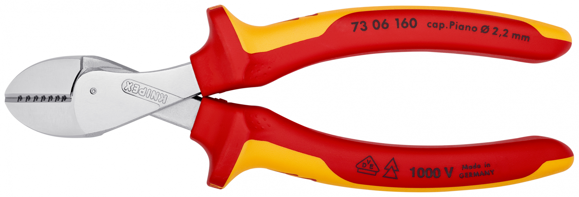 Бокорезы компактные X-CUT VDE 1000V резка - мягкая проволока 48мм проволока средней твердости 38мм твердая проволока 27мм рояльная струна (HRC 59) 22мм L=160мм диэлкектрические хромированные двухкомпонентные рукоятки KNIPEX KN-7306160