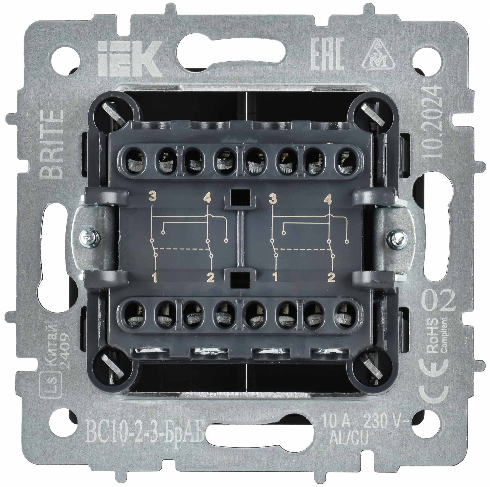 BRITE Выключатель 2-клавишный перекрестный 10А ВС10-2-3-БрАБ арктический белый IEK BR-V23-0-10-K91