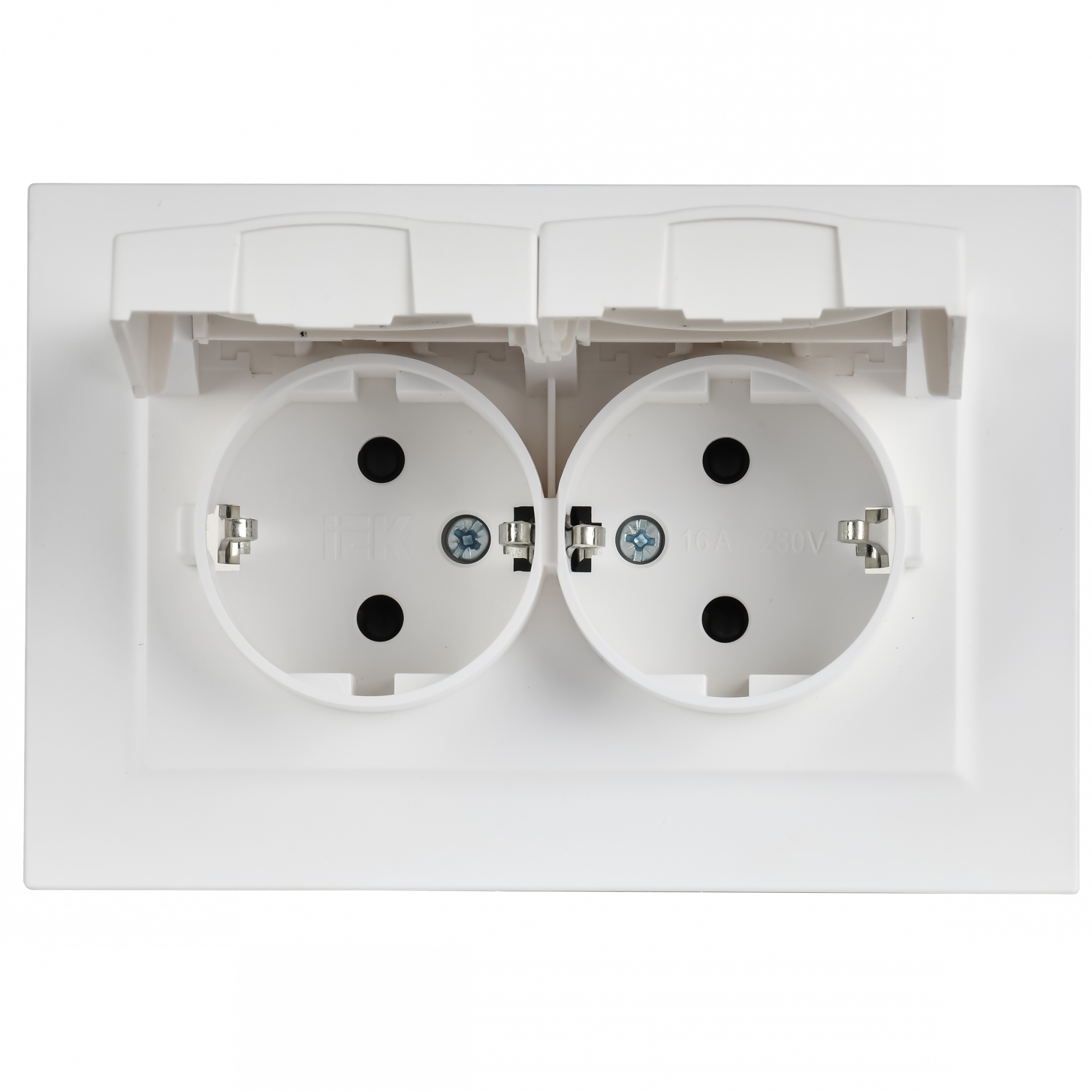 BRITE Розетка 2-местная с заземлением с защитными шторками и крышкой 16А в сборе IP44 РСбш12-3-44-БрАБ арктический белый IEK BR-R26-16-44-K91-F