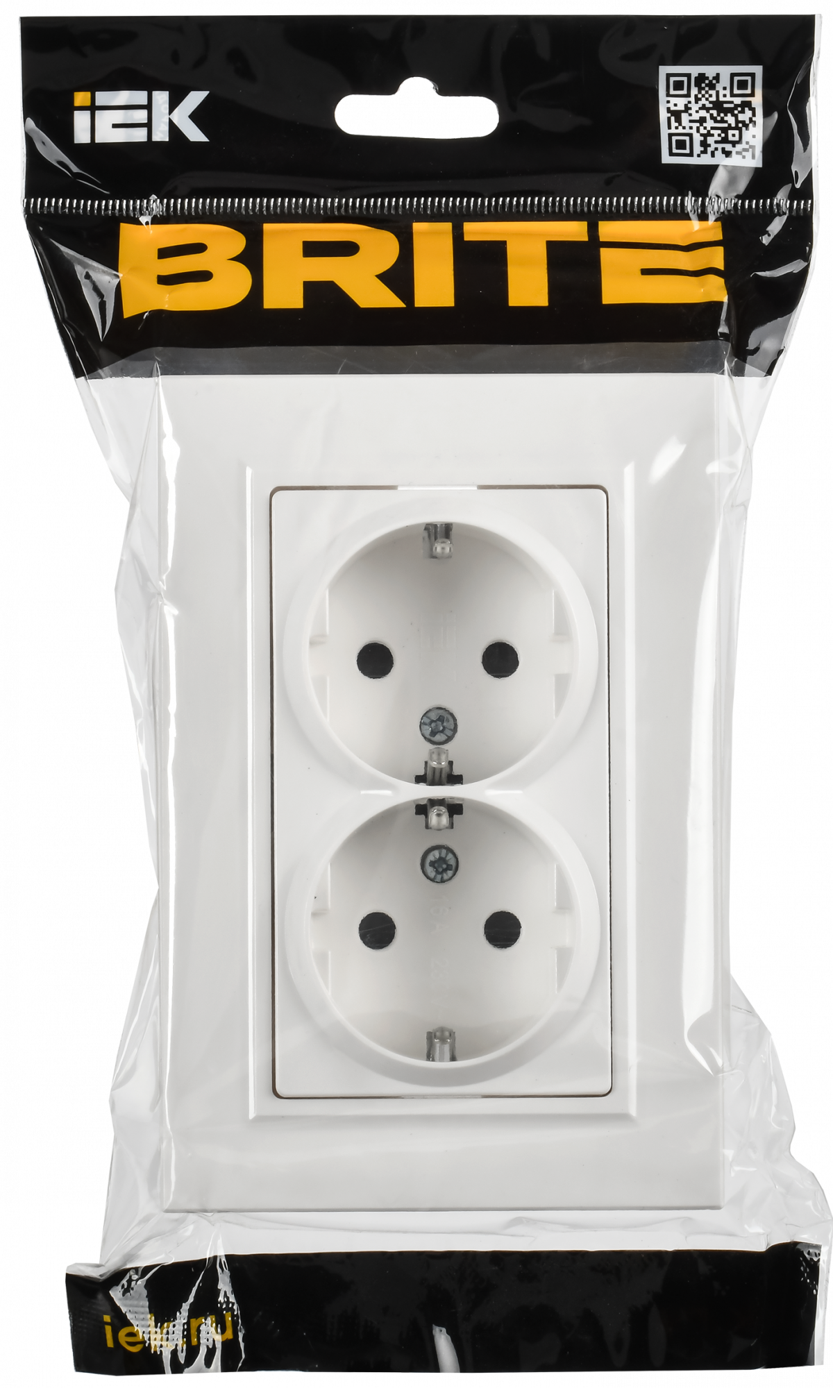 BRITE Розетка 2-местная с заземлением с защитными шторками плоская 16А в сборе РСшПл12-3-БрАБ арктический белый IEK BR-R28-16-K91-F