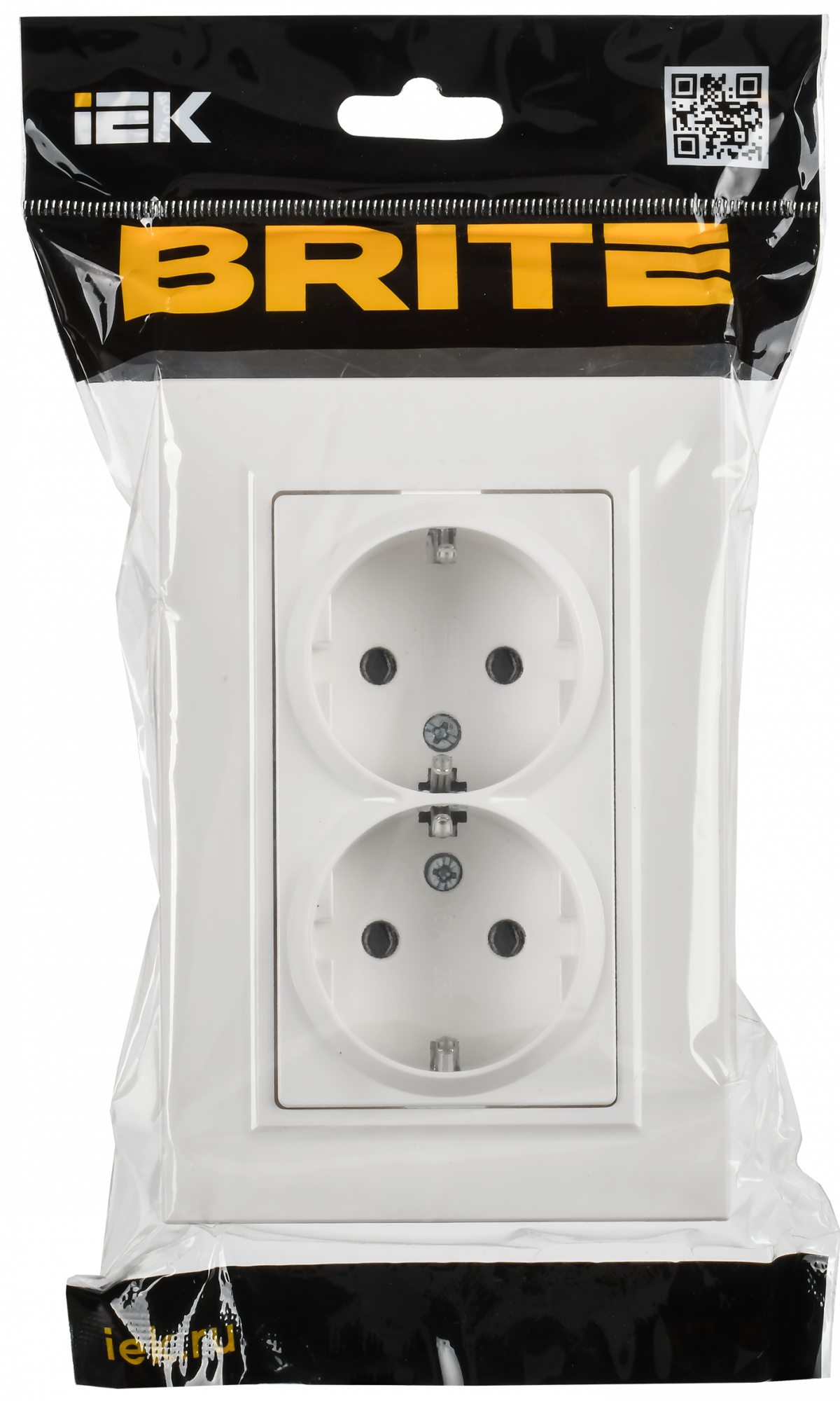BRITE Розетка 2-местная с заземлением без защитных шторок плоская 16А в сборе РСПл12-3-БрАБ арктический белый IEK BR-R27-16-K91-F