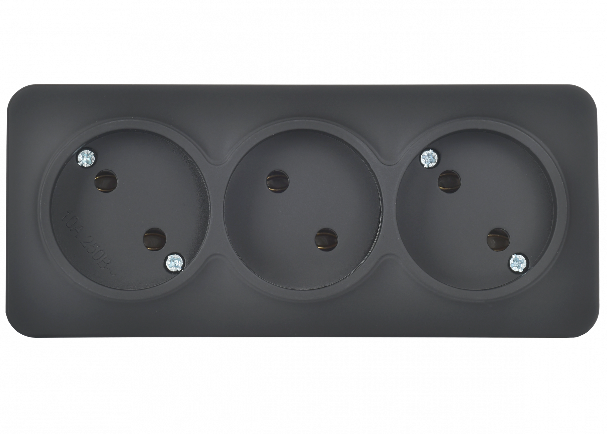 GLORY Розетка 3-местная для открытой установки без заземления без защитных шторок 10А РС23-2-ХЧм черный матовый IEK ERH30-K02M-10