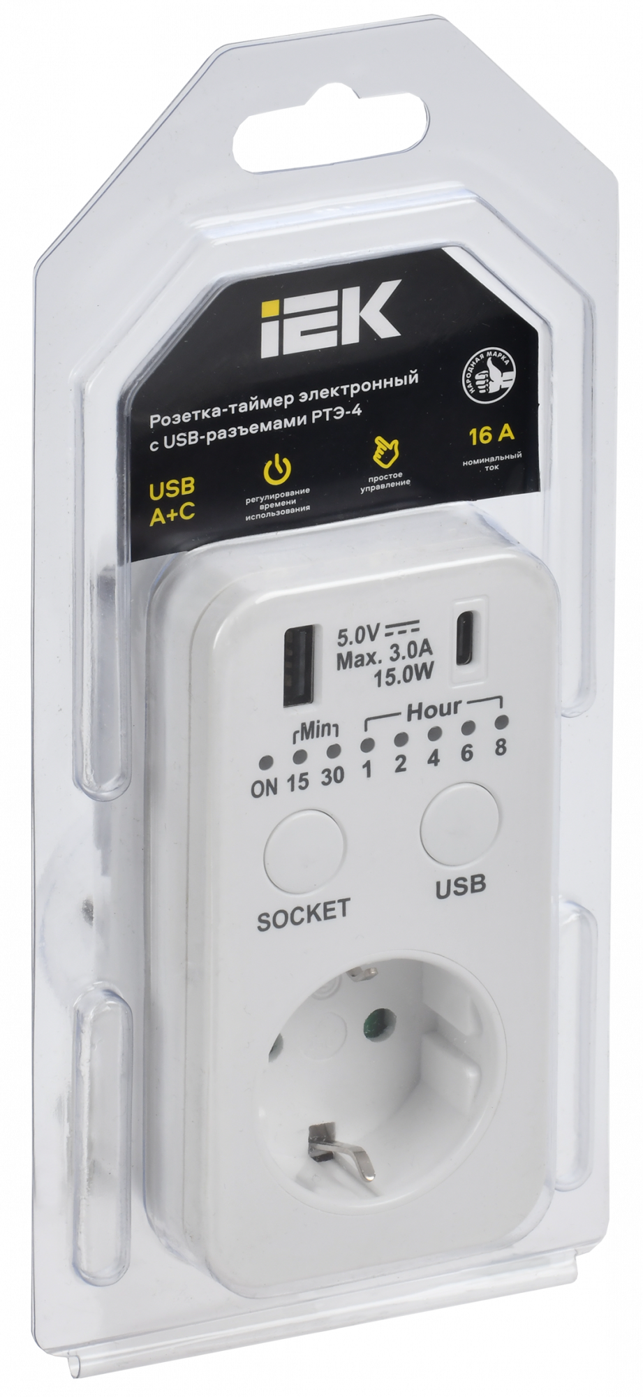 РТЭ-4 Розетка-таймер электронный с USB A+C        15мин-8ч 16А IP20 белый IEK ERT12-1-16-O-15-2-20-K01