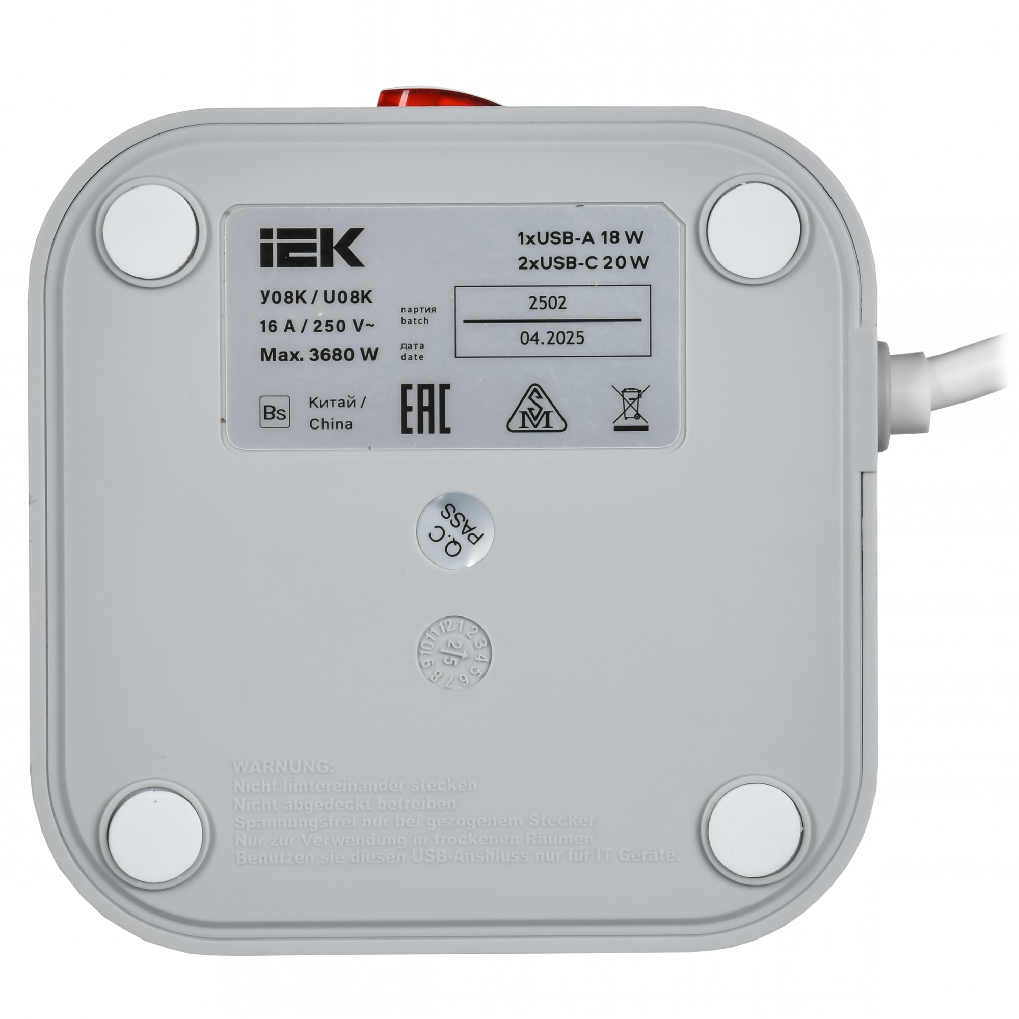 DOMINIC Удлинитель У08K 8 мест 2P+PE 1,5м 3х1,0мм2 16А/250В USB A+C 20Вт серый IEK DN-YP30-16-08-01-ZKU-K41