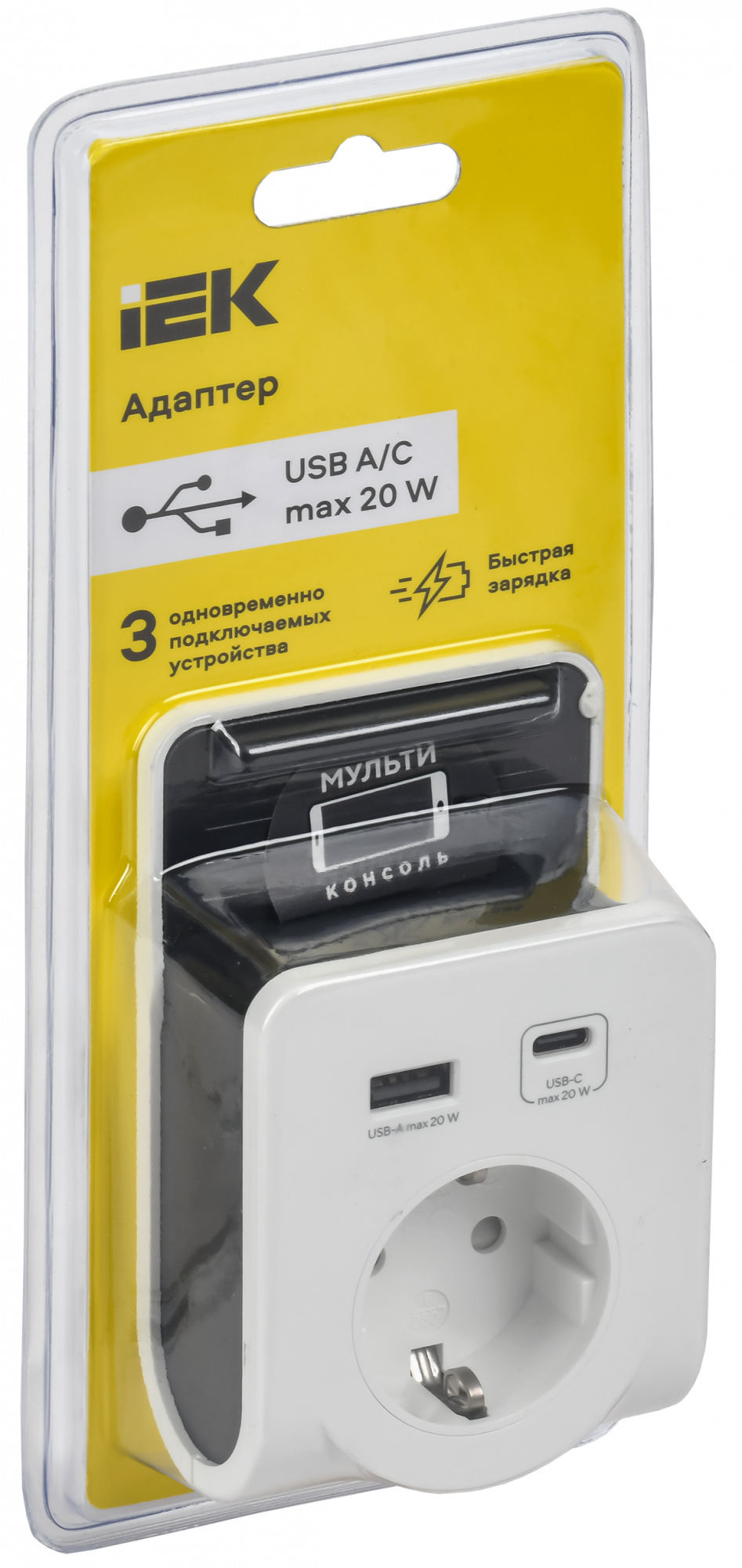 Адаптер Т-03/01 1 место 2P+PE 16А 2хUSB A+C 20Вт с подставкой бело-черный IEK WTP11-16-01-1A1C-ZU-K01
