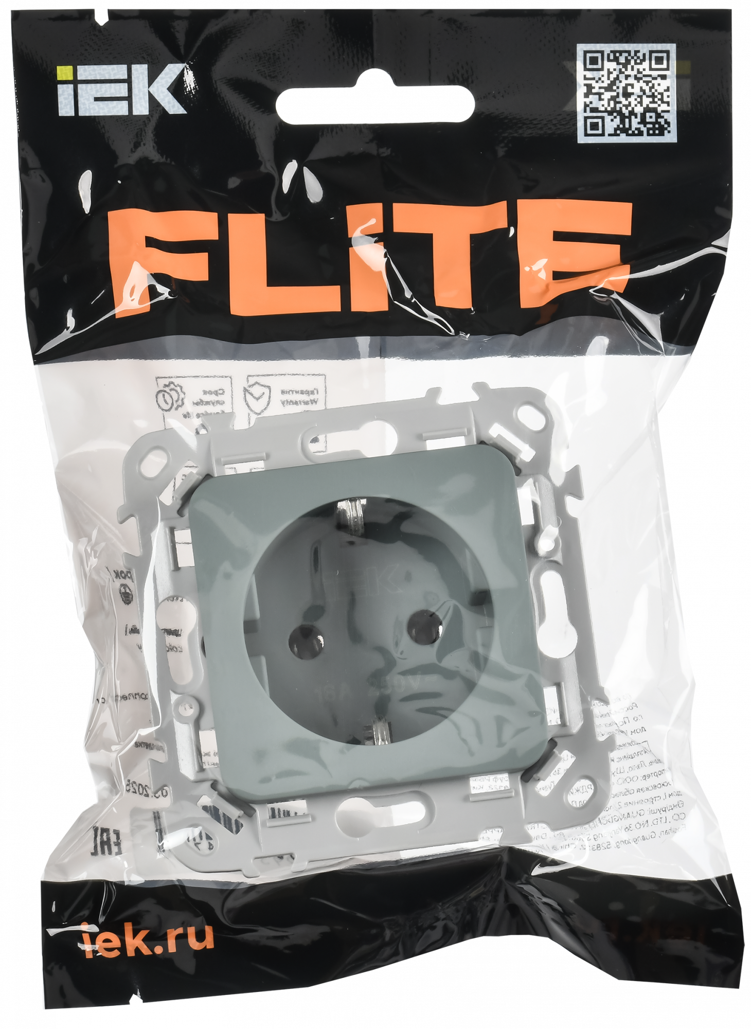 FLITE Розетка с заземлением без защитных шторок безвинтовое крепление 16А РС11-1-ФлС серый IEK FI-R11-16-1-K03