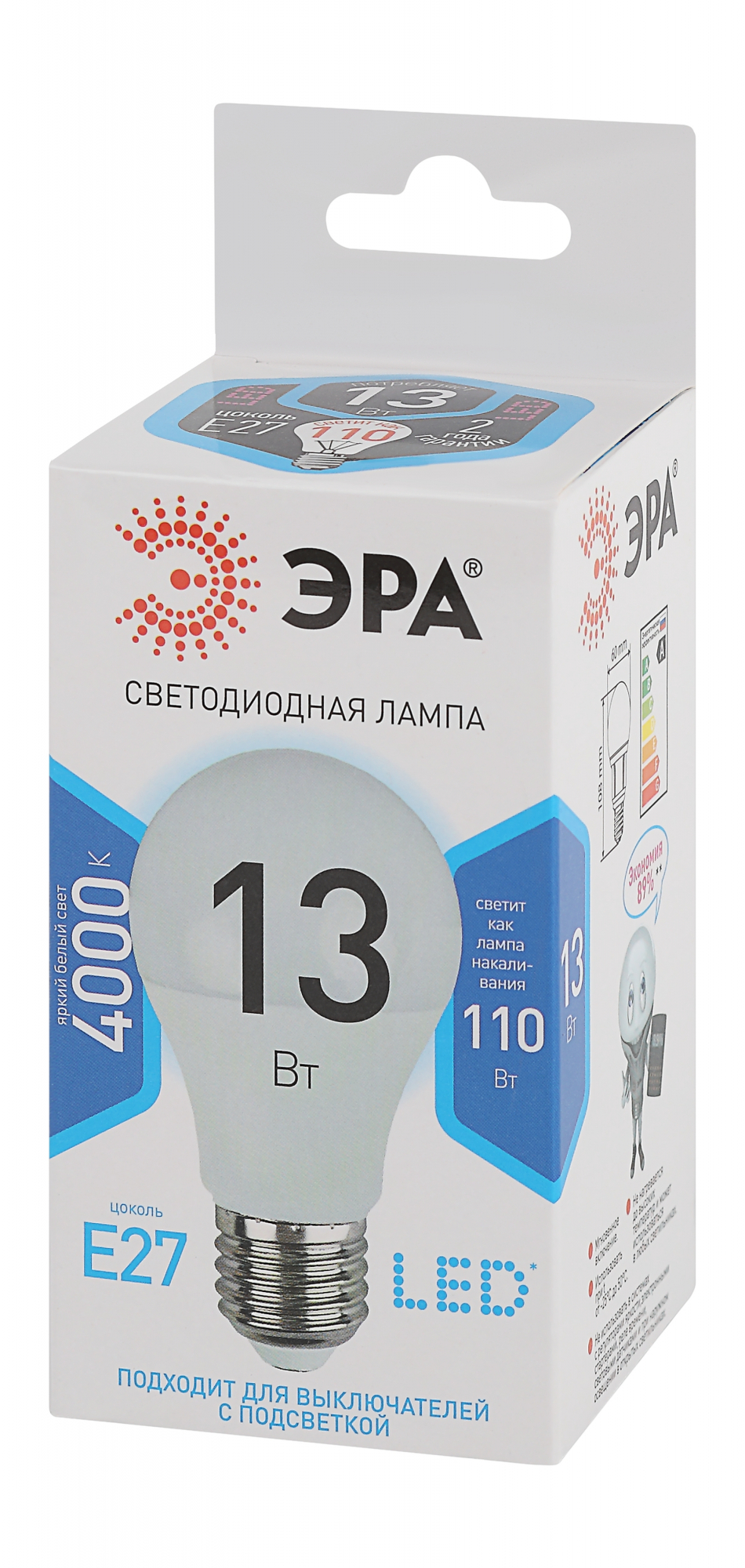 Лампа светодиодная LED 13 Вт 1040Лм 4000К груша нейтральный E27 170-265В LED A60-13W-840-E27 Standart ЭРА Б0020537