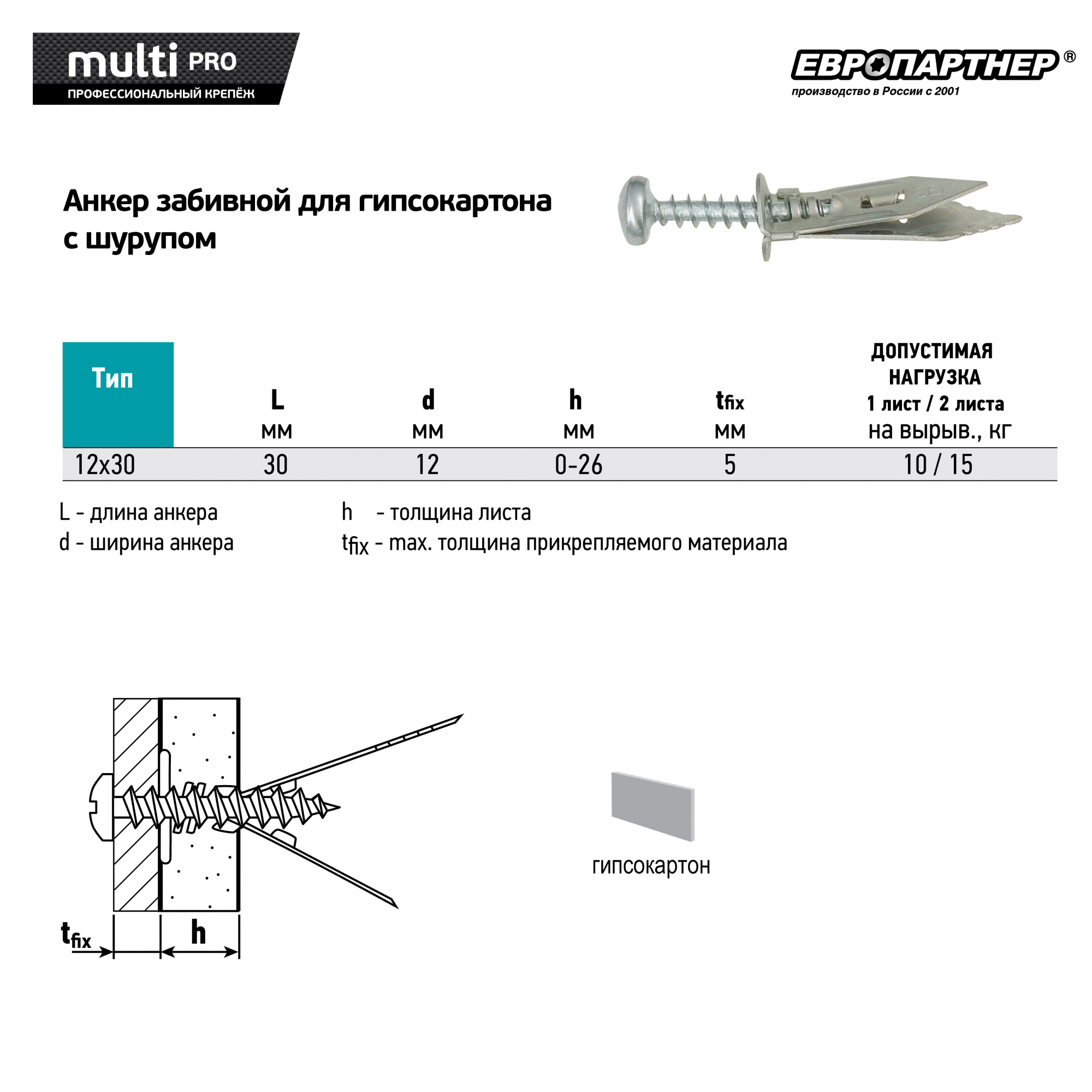 Анкер LEGS забивной для гипсокартона MULTI PRO оцинкованный W12хL30мм с шурупом 4х25мм (10 шт.) Европартнер MPR 0386