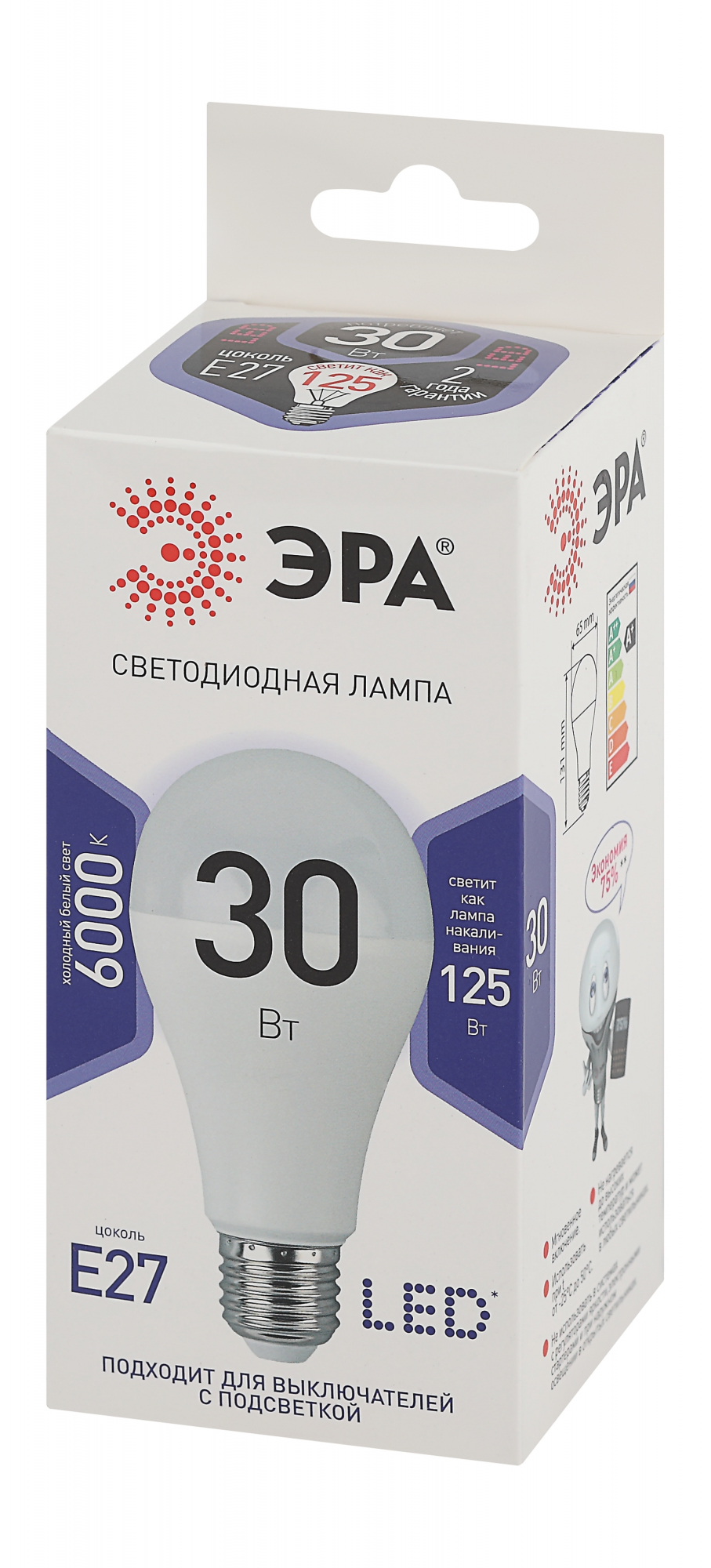 Лампа светодиодная LED 30 Вт 2400Лм 6000К груша холодный E27 170-265В LED A65-30W-860-E27 Standart ЭРА Б0048017