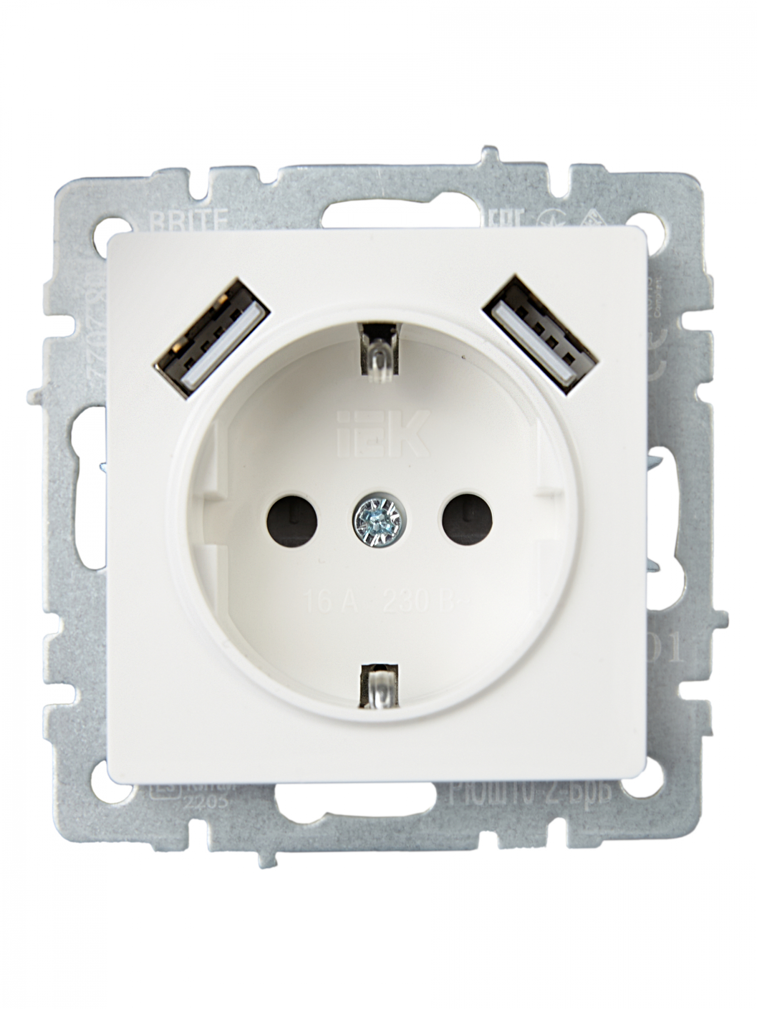 BRITE Розетка 1 пост с заземлением с защитными шторками 16А с USB A+A 5В 3,1А РЮш10-2-БрБ белый IEK BR-R14-16-U21-D31-K01