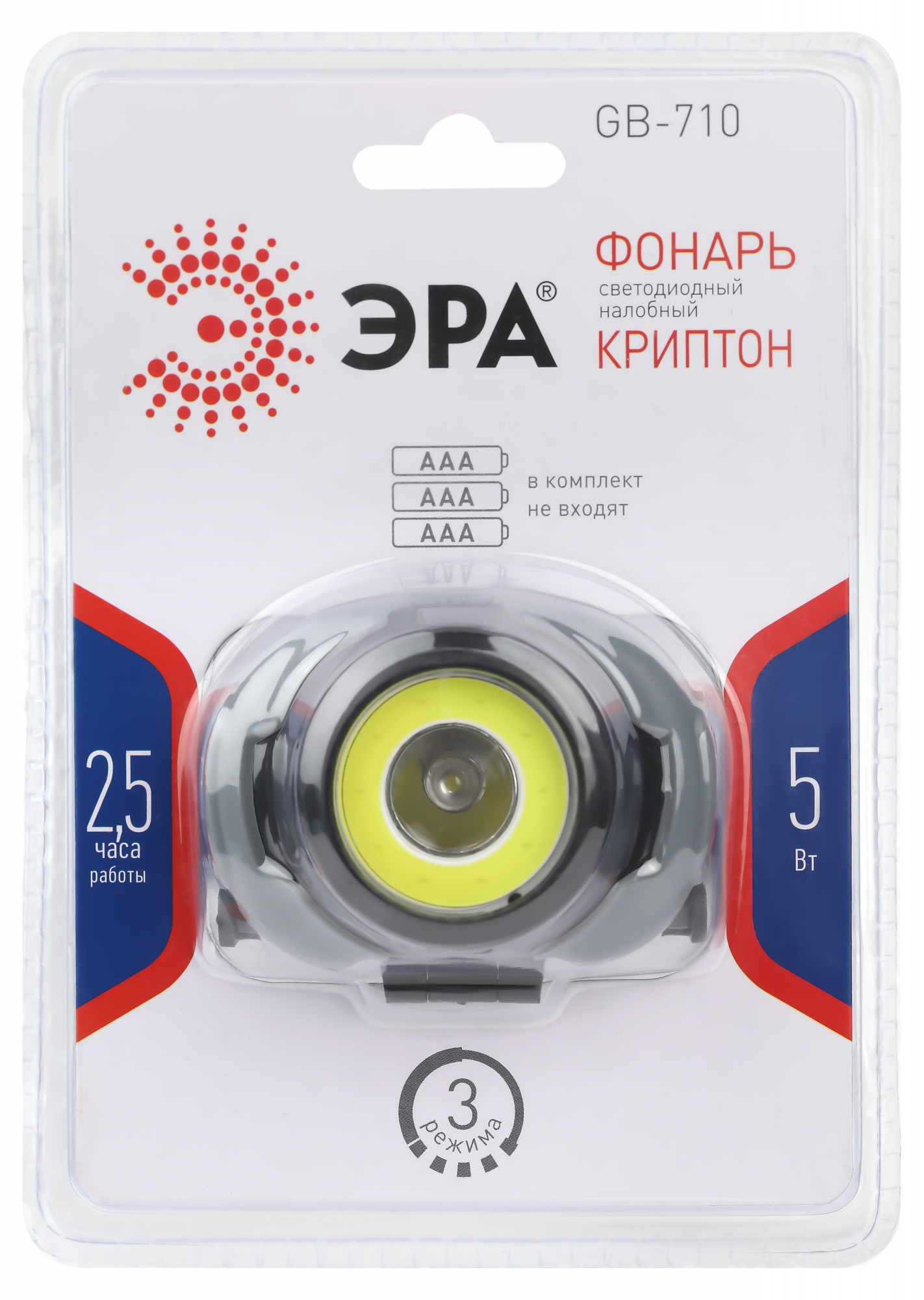 Фонарь налобный светодиодный 5Вт 310Лм IP40 SMD+COB 3 режима на батарейках 3xAAA (в комплект не входят) GB-710 Криптон ЭРА Б0052752